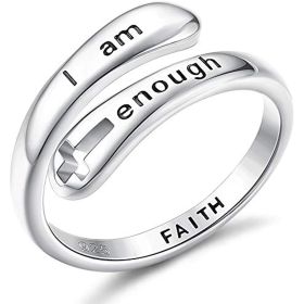 FIASASO 925 Sterling Silver Rings I am Enough Inspirational Rings Faith Christian Cross Encouragement Statement Rings for Women Men (Color: I am Enough)