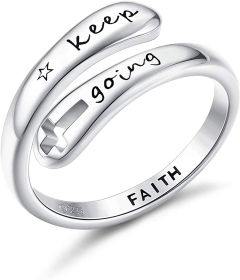 FIASASO 925 Sterling Silver Rings I am Enough Inspirational Rings Faith Christian Cross Encouragement Statement Rings for Women Men (Color: Keep Going)