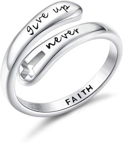 FIASASO 925 Sterling Silver Rings I am Enough Inspirational Rings Faith Christian Cross Encouragement Statement Rings for Women Men (Color: Never Give Up)