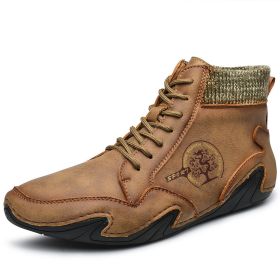 Spring Autumn High Top Leather Shoes Winter Fleece Martin Boots Men Casual Sport Waterproof 38-48 Sock Mouth Outdoor Retro Cozy (Color: Khaki, size: 44)