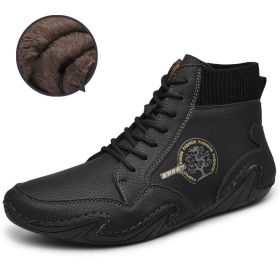 Spring Autumn High Top Leather Shoes Winter Fleece Martin Boots Men Casual Sport Waterproof 38-48 Sock Mouth Outdoor Retro Cozy (Color: Black (Fleece), size: 42)