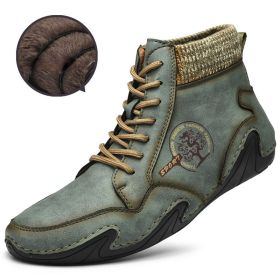 Spring Autumn High Top Leather Shoes Winter Fleece Martin Boots Men Casual Sport Waterproof 38-48 Sock Mouth Outdoor Retro Cozy (Color: Green (Fleece), size: 39)