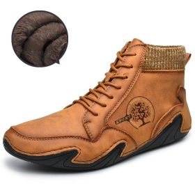 Spring Autumn High Top Leather Shoes Winter Fleece Martin Boots Men Casual Sport Waterproof 38-48 Sock Mouth Outdoor Retro Cozy (Color: Brown (Fleece), size: 44)