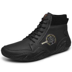 Spring Autumn High Top Leather Shoes Winter Fleece Martin Boots Men Casual Sport Waterproof 38-48 Sock Mouth Outdoor Retro Cozy (Color: Black, size: 45)