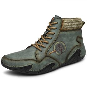 Spring Autumn High Top Leather Shoes Winter Fleece Martin Boots Men Casual Sport Waterproof 38-48 Sock Mouth Outdoor Retro Cozy (Color: Green, size: 47)