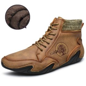 Spring Autumn High Top Leather Shoes Winter Fleece Martin Boots Men Casual Sport Waterproof 38-48 Sock Mouth Outdoor Retro Cozy (Color: Khaki (Fleece), size: 42)