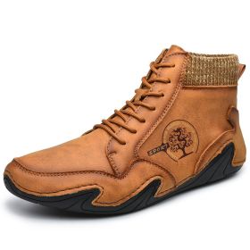 Spring Autumn High Top Leather Shoes Winter Fleece Martin Boots Men Casual Sport Waterproof 38-48 Sock Mouth Outdoor Retro Cozy (Color: Brown, size: 38)