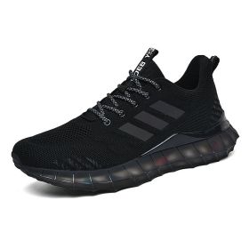 Popular men's breathable flying woven sneakers casual mesh shoes Popcorn sole running shoes 39-44 (Color: Black, size: 44)