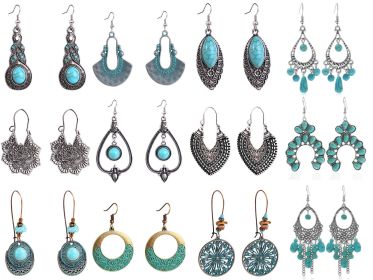 Cross border Amazon ethnic style earrings European and American turquoise vintage national style earrings set Bohemian earrings (colour: (14) 12 pairs of suits)