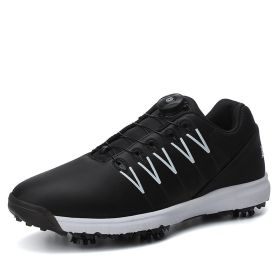 New Men and Women Couple Golf Shoes Leather Rotating Button Detachable Spikes Waterproof Non-slip Golf Men's Shoes (Color: Black, size: EUR 43)