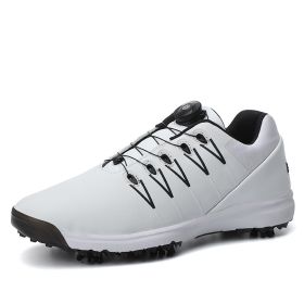 New Men and Women Couple Golf Shoes Leather Rotating Button Detachable Spikes Waterproof Non-slip Golf Men's Shoes (Color: White, size: EUR 45)