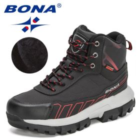 BONA 2022 New Designers Action Leather Winter Brand Snow Boots Men Super Warm Ankle Boots Man Plush Hiking Soft Boots Mansculino (Color: Black Red, size: 9)