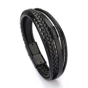 Trendy  Leather Bracelets Men Stainless Steel Multilayer Braided Rope Bracelets (Color: Black Black, Length: 9.1inch)