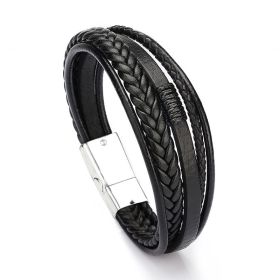 Trendy  Leather Bracelets Men Stainless Steel Multilayer Braided Rope Bracelets (Color: Black White, Length: 9.1inch)